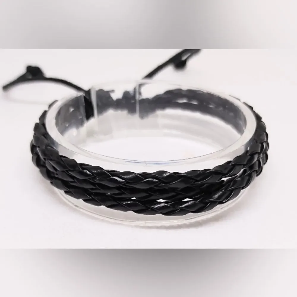Men's bracelet leather‎ braided layered black new e38